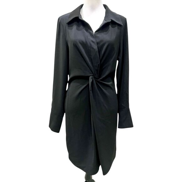 Gracia Twist Front Shirt Dress Black Long Sleeve Collared Side Zip Pockets L NWT - Picture 1 of 14